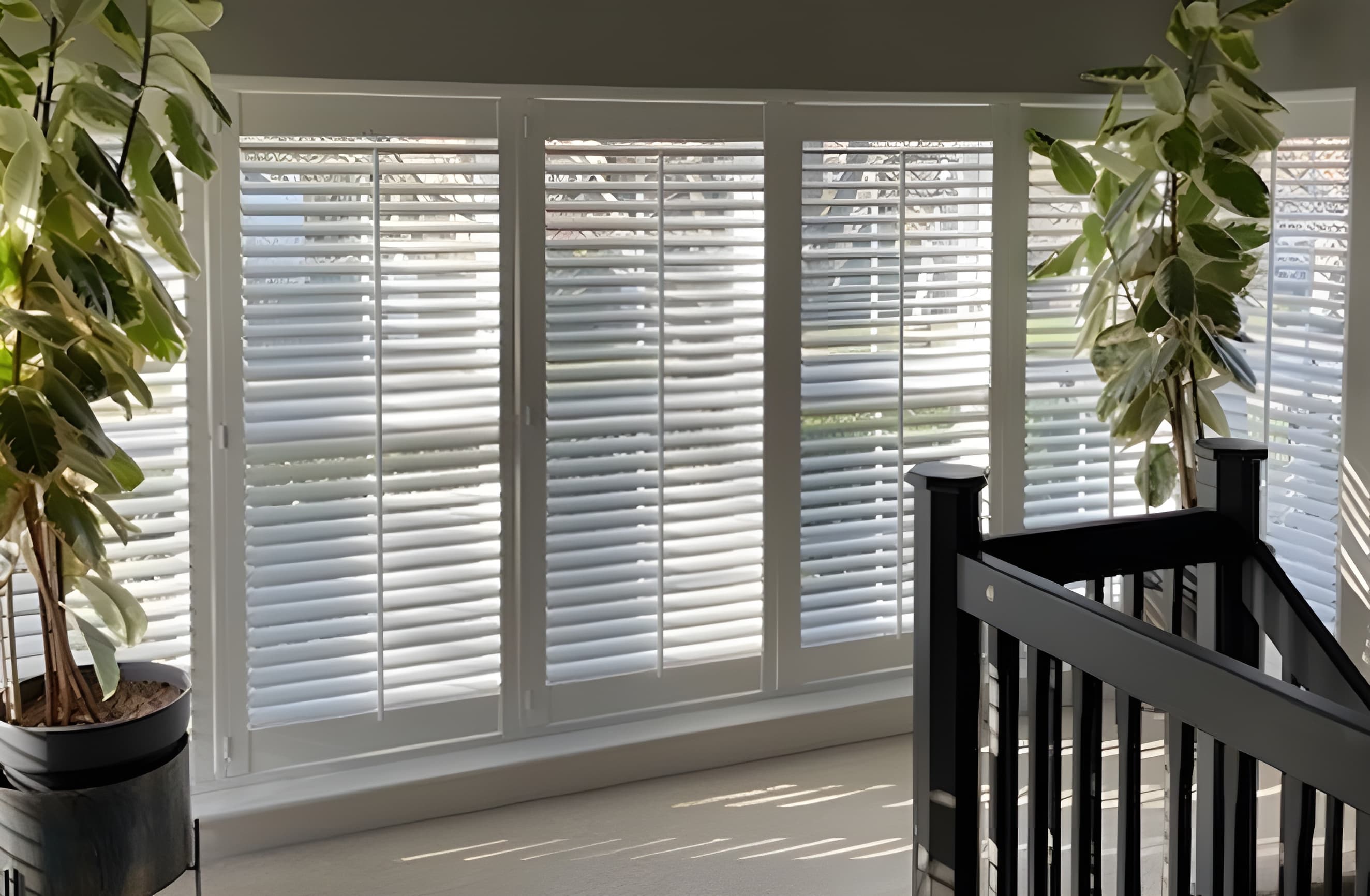 Square bay plantation shutters for privacy